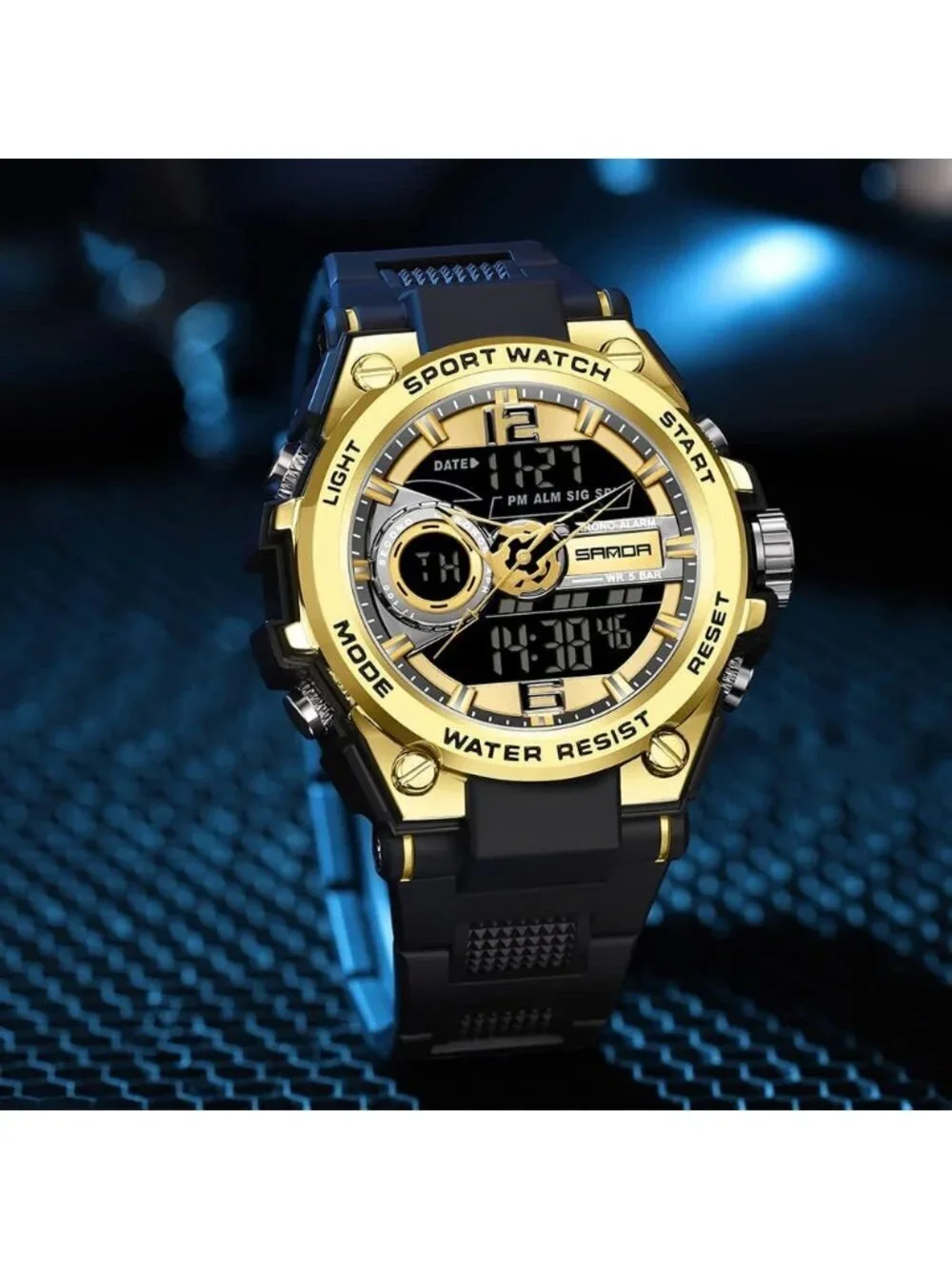 Men's Gold And Black Analog Quartz Sports Waterproof Military LED Digital Watch